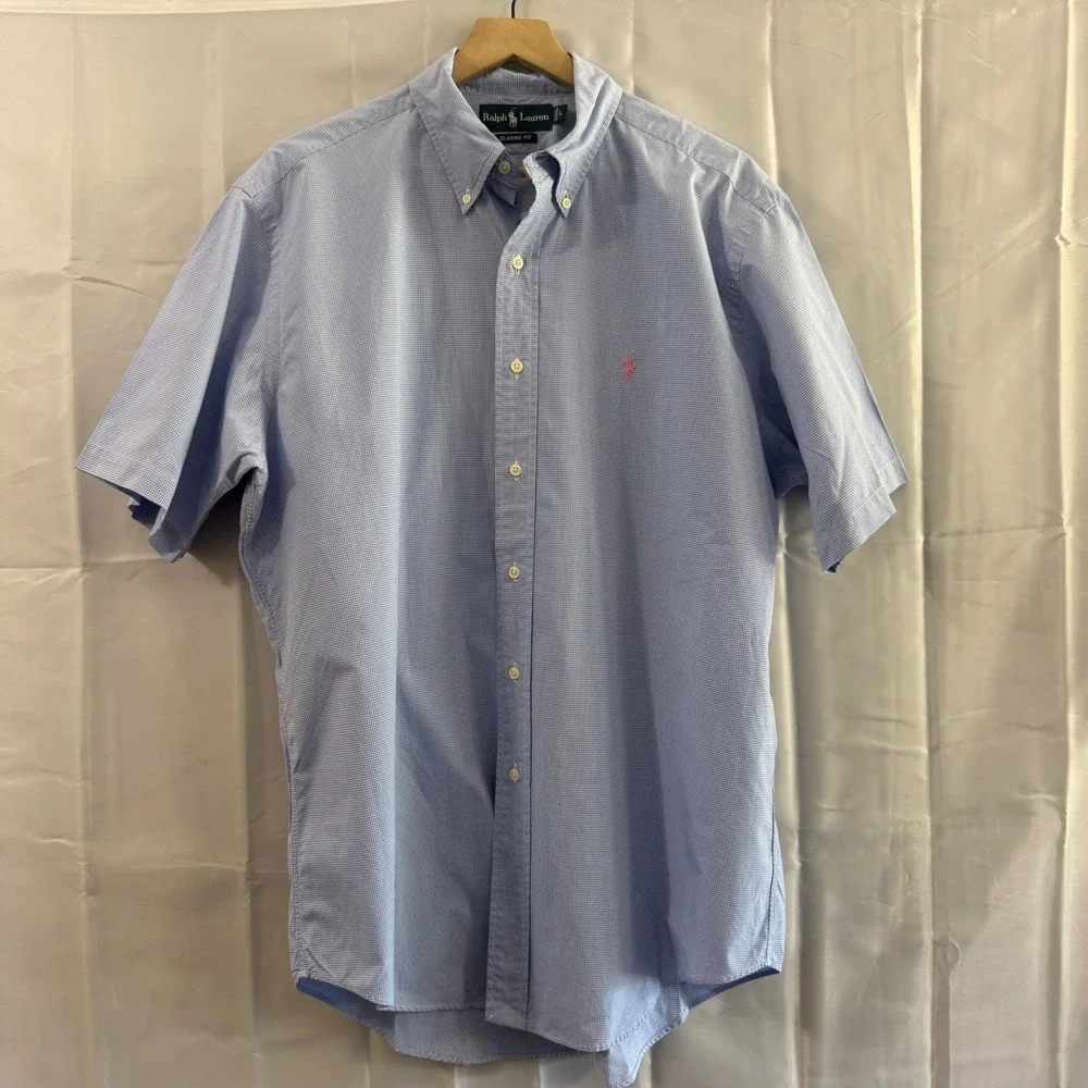 Polo Ralph Lauren Mens Classic Fit Gingham Check Pink Pony Short Sleeve Shirt L